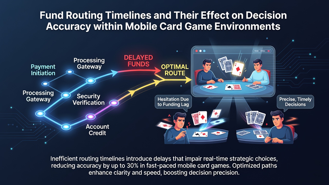 Mobile card game interface showing real-time fund routing indicators and player decision panels
