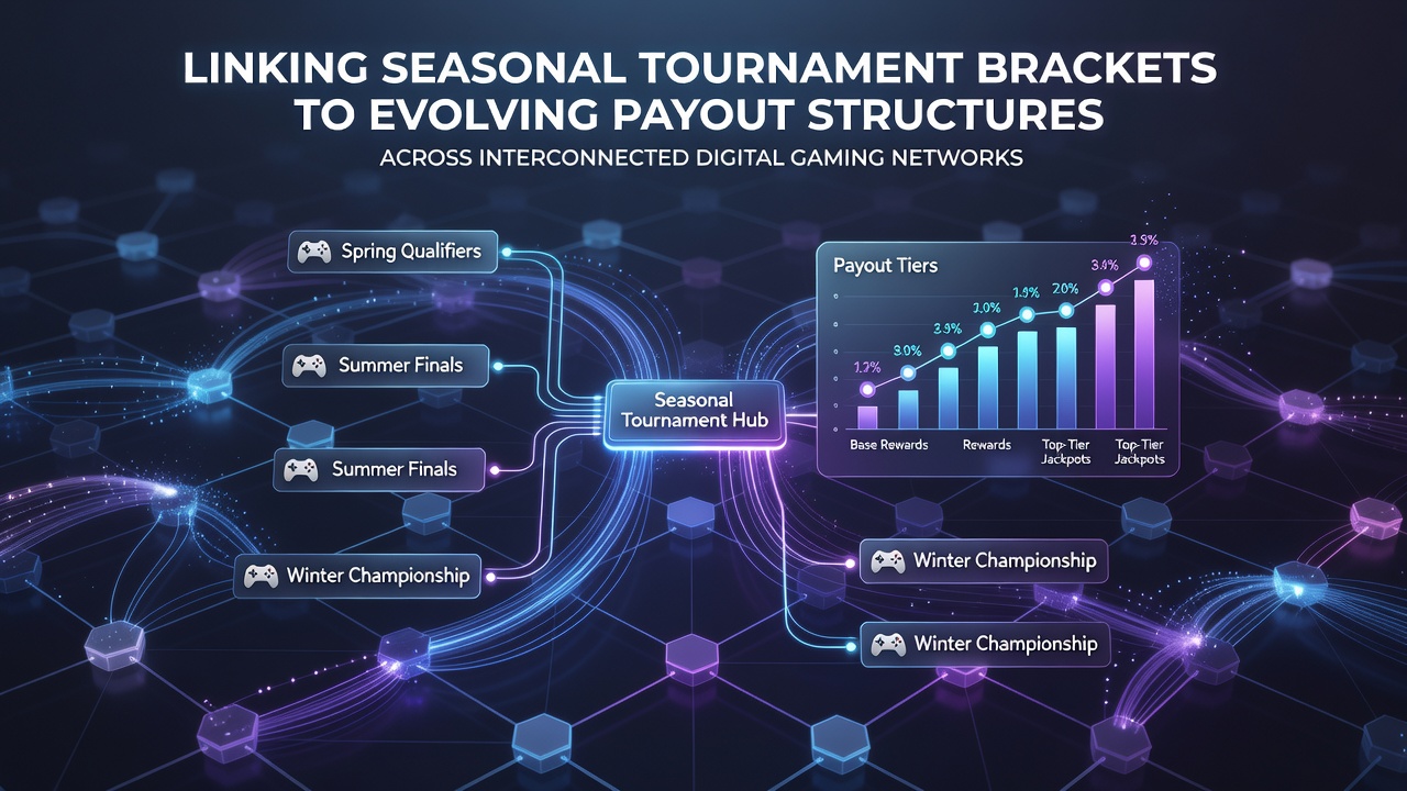 Digital gaming networks showing interconnected tournament brackets and payout adjustments