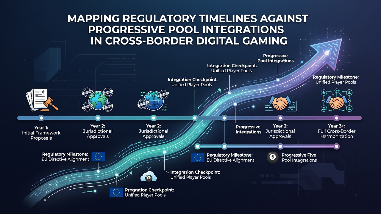 Network diagram illustrating progressive pool connections between regulatory zones in digital gaming