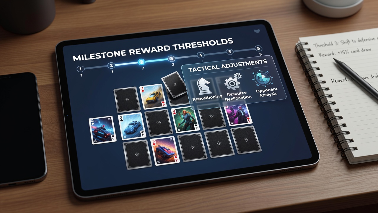 Mobile app interface showing milestone reward progress in digital card game sessions
