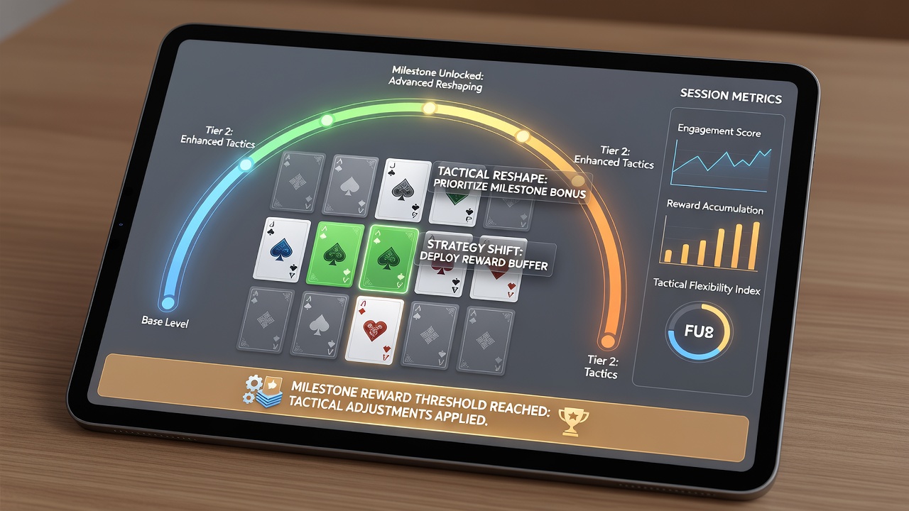 Player statistics dashboard displaying milestone progress and tactical metrics in app-based card sessions