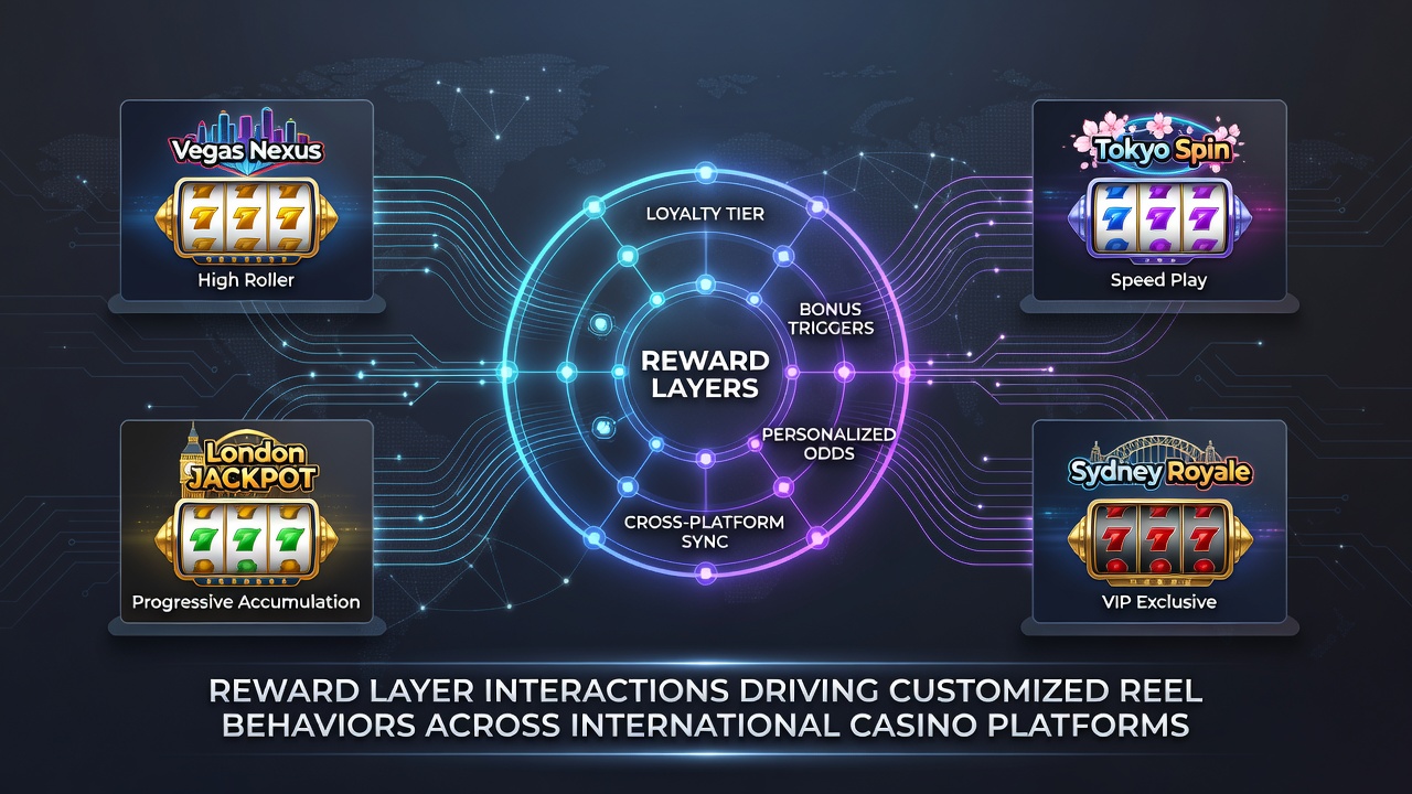 Global map highlighting casino platforms in Europe, Asia, and the Americas with reward layer integration points