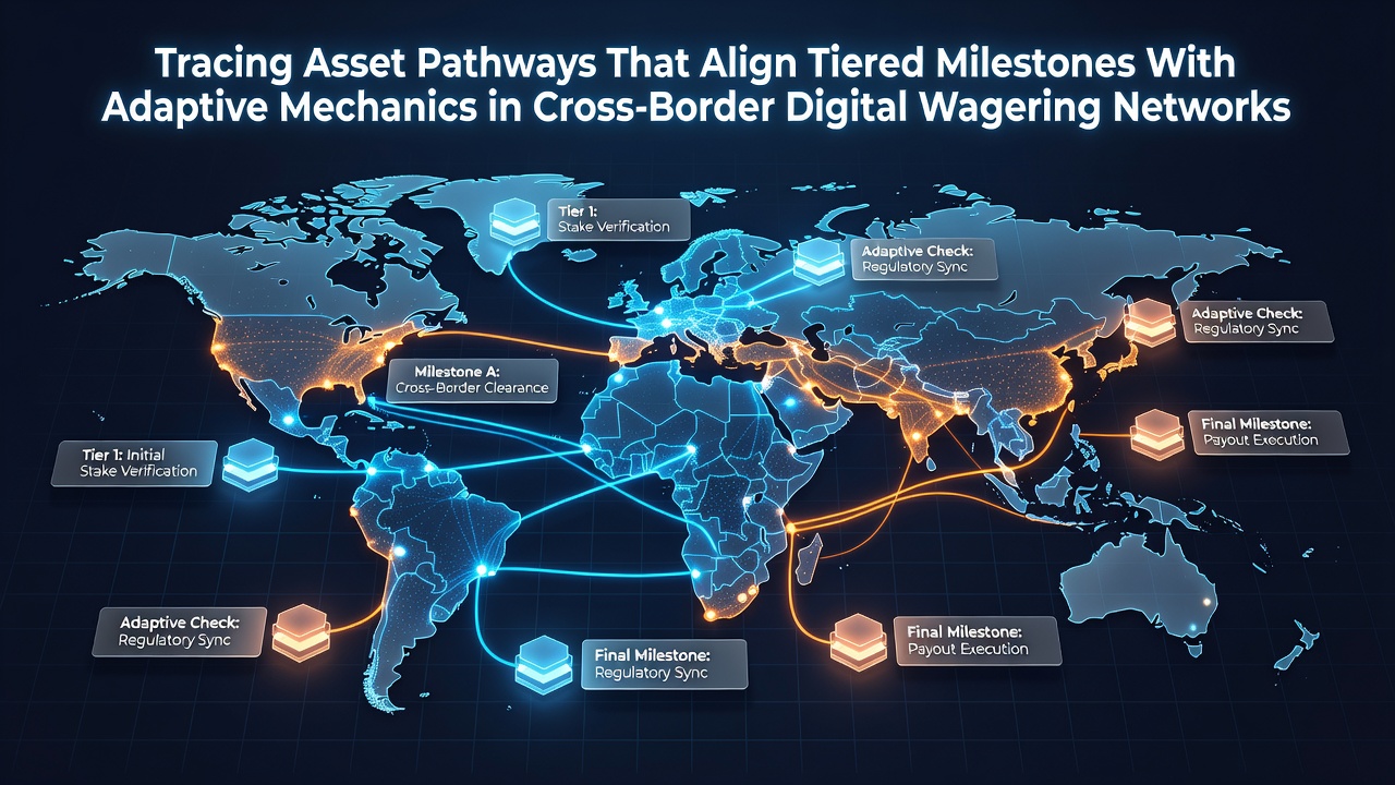 Diagram showing asset flow pathways across international digital wagering networks with tiered milestone markers and adaptive system nodes