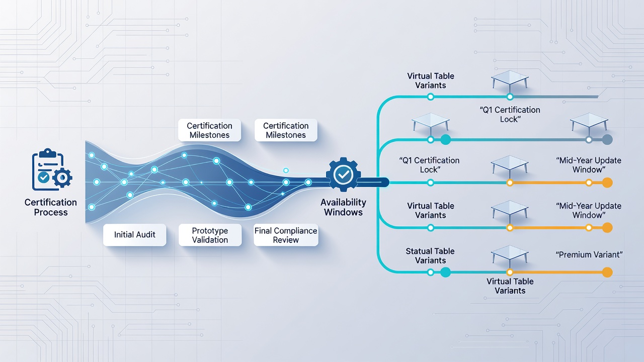 Timeline chart showing certification phases for virtual table games across different regulatory regions with key dates highlighted